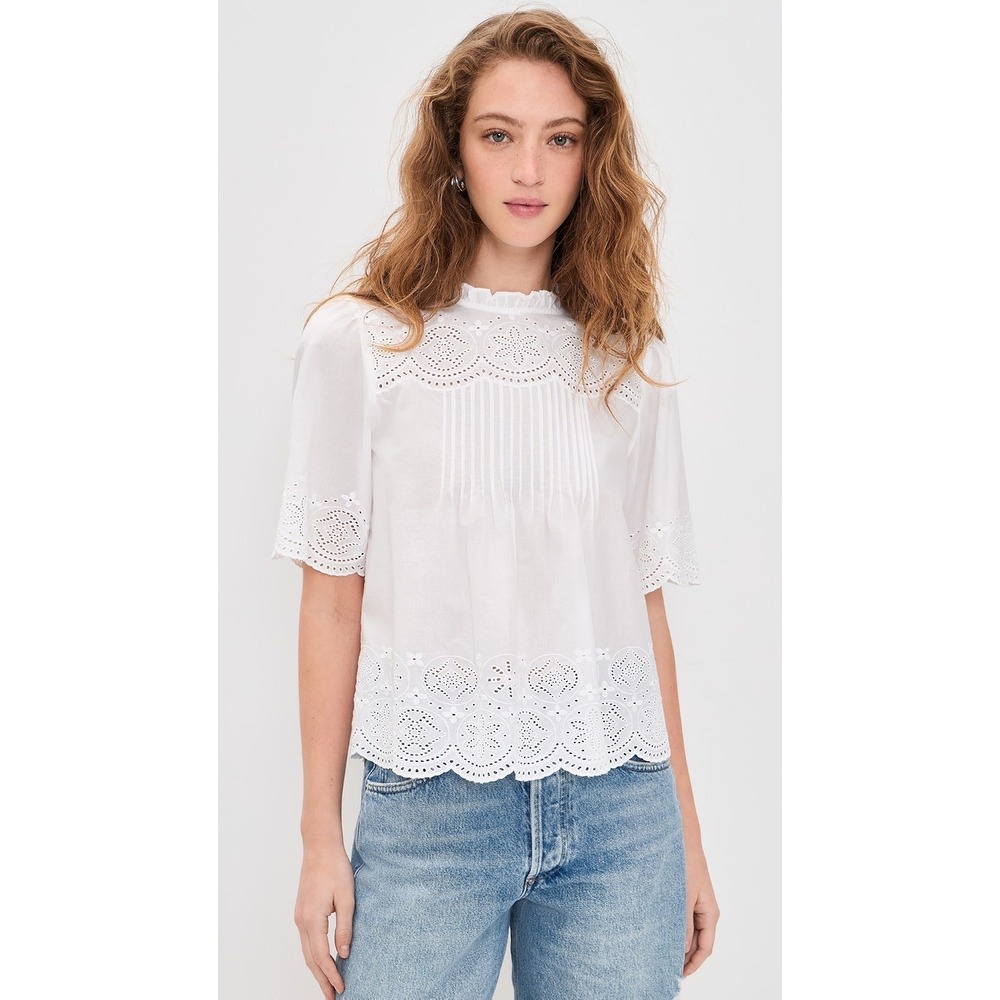Madewell Women's Embroidered Pintuck Mock Neck Eyelet Top White S Cottagecore